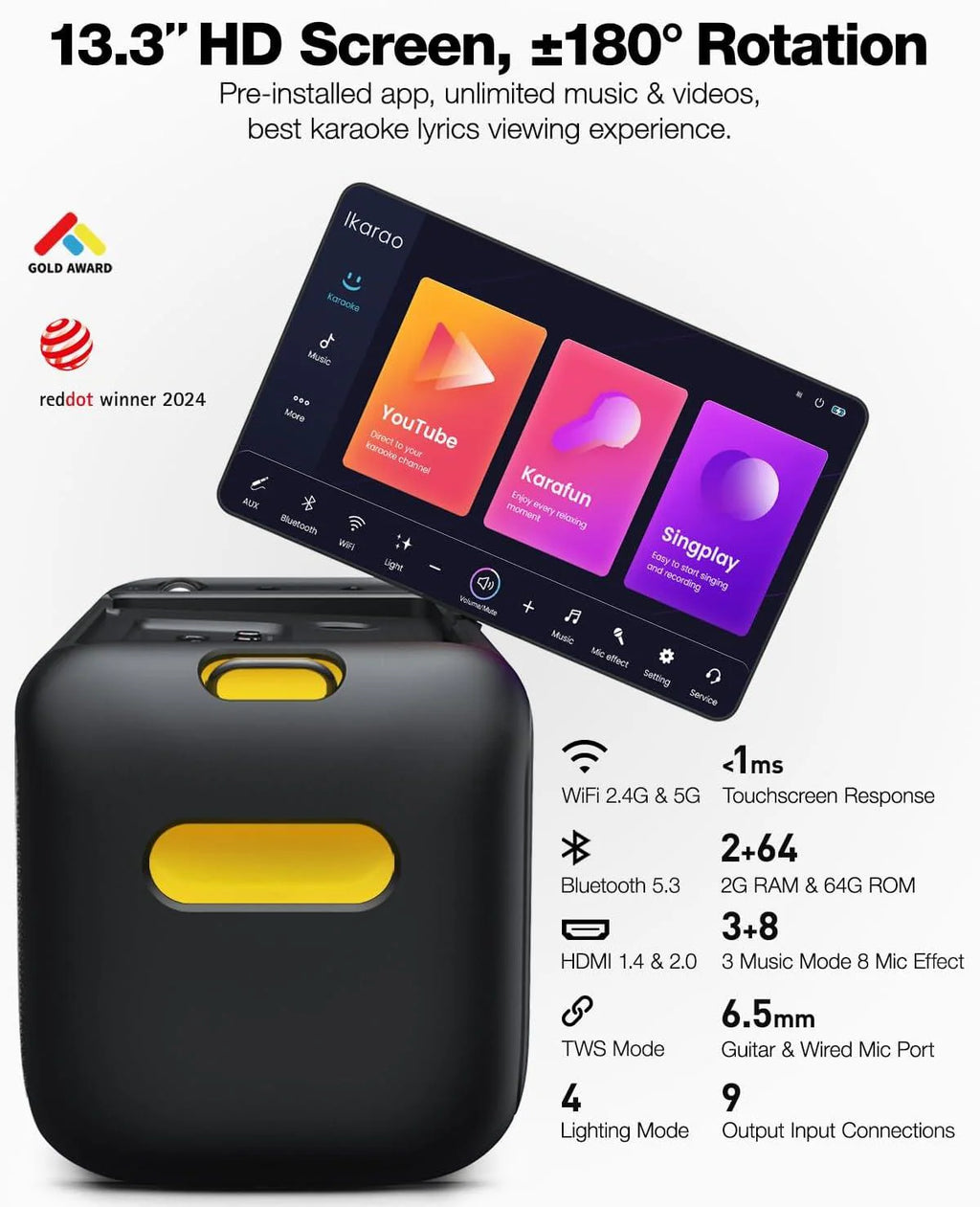 Ikarao Break X1 Pro Karaoke Machine - Professional Dual Microphones & Extra Bass Mode